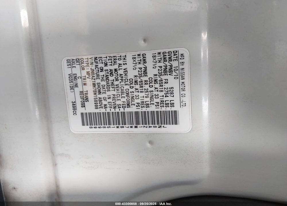 2011 NISSAN MURANO VIN: JN8AZ1MW7BW158998