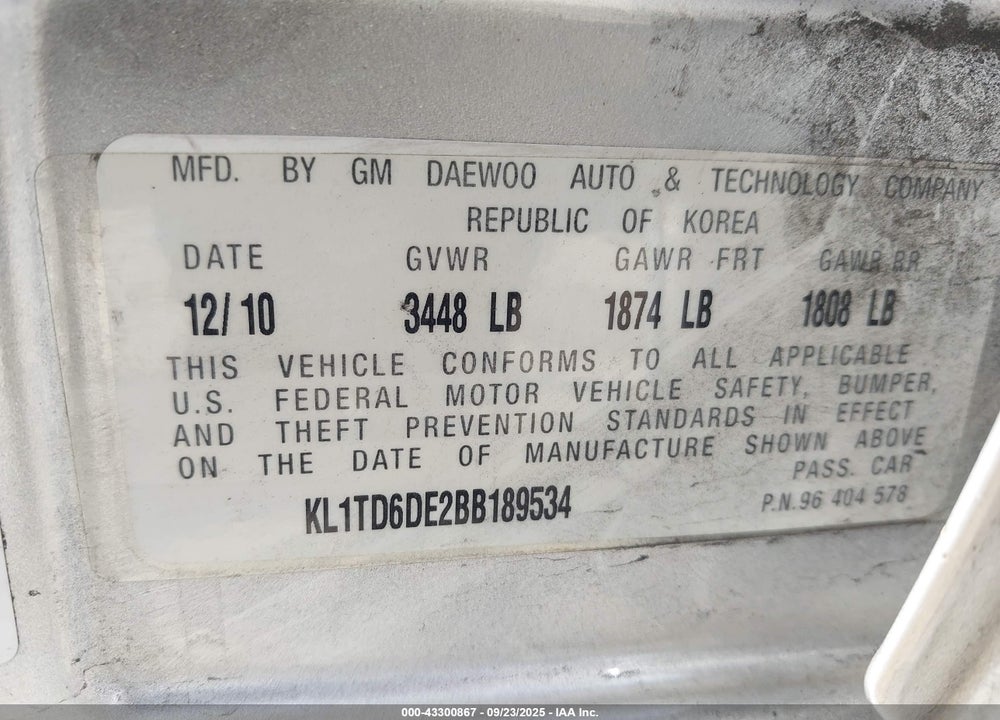 2011 CHEVROLET AVEO VIN: KL1TD6DE2BB189534