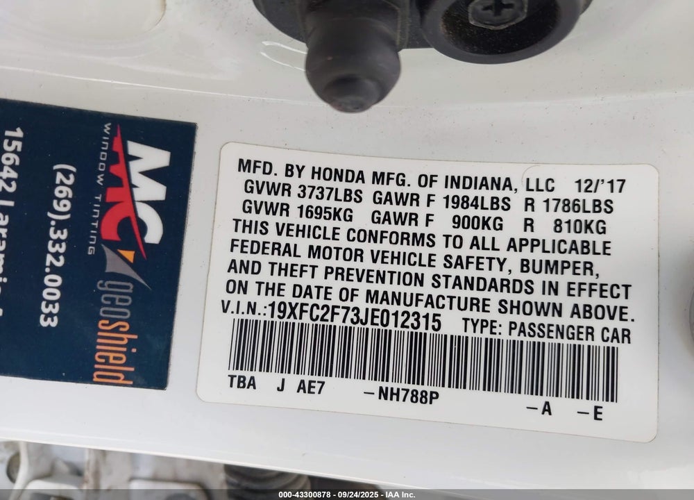 2018 HONDA CIVIC VIN: 19XFC2F73JE012315