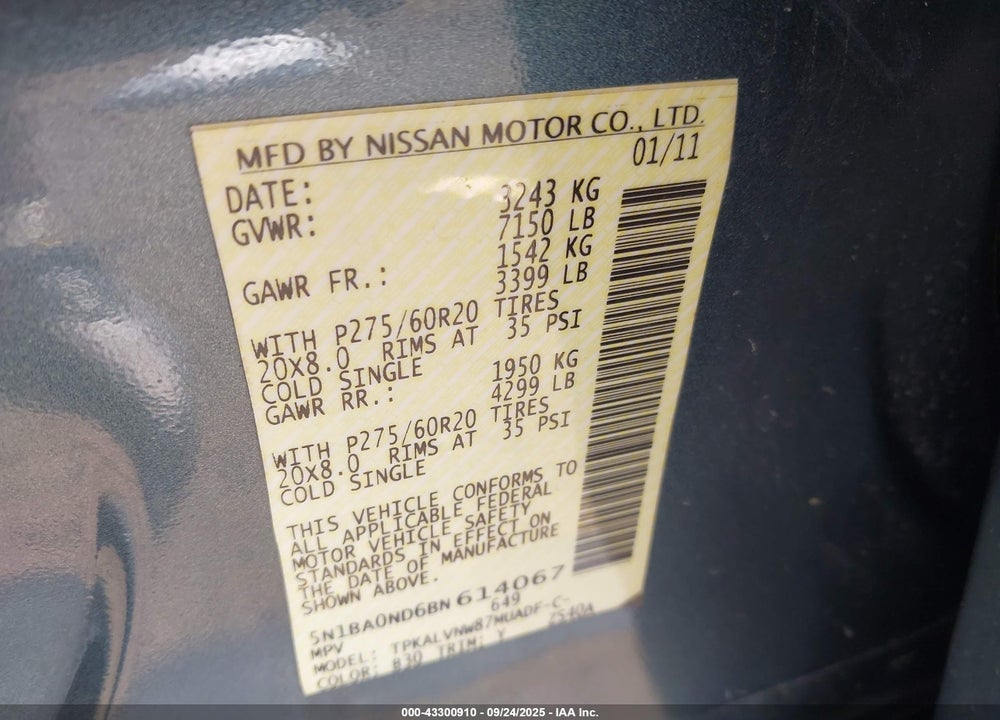 2011 NISSAN ARMADA VIN: 5N1BA0ND6BN614067