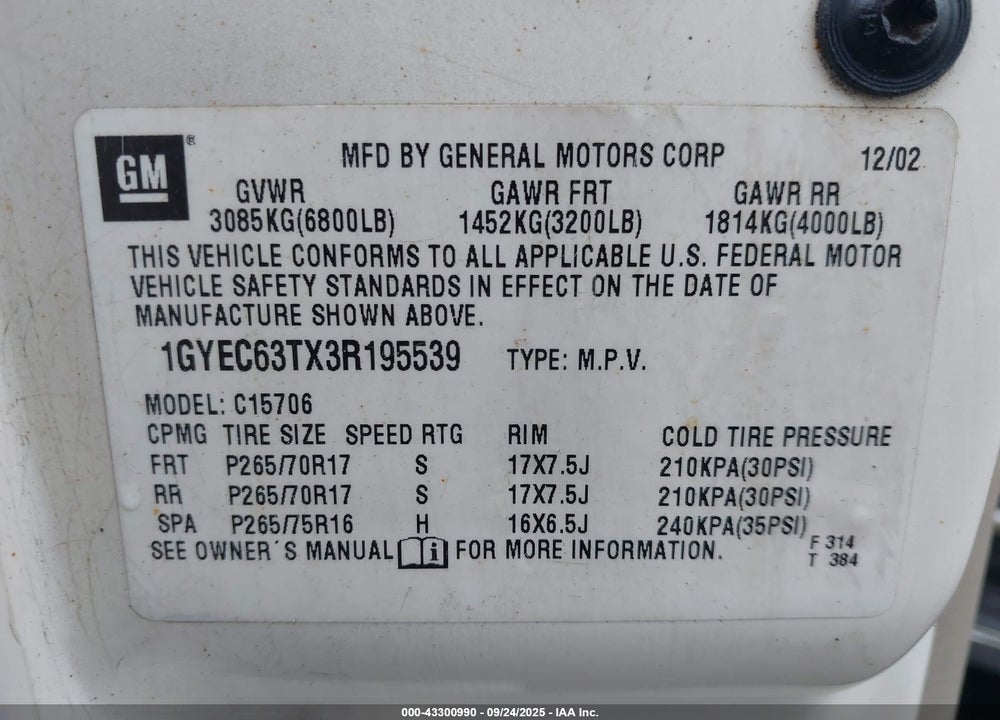 2003 CADILLAC ESCALADE STANDARD VIN: 1GYEC63TX3R195539
