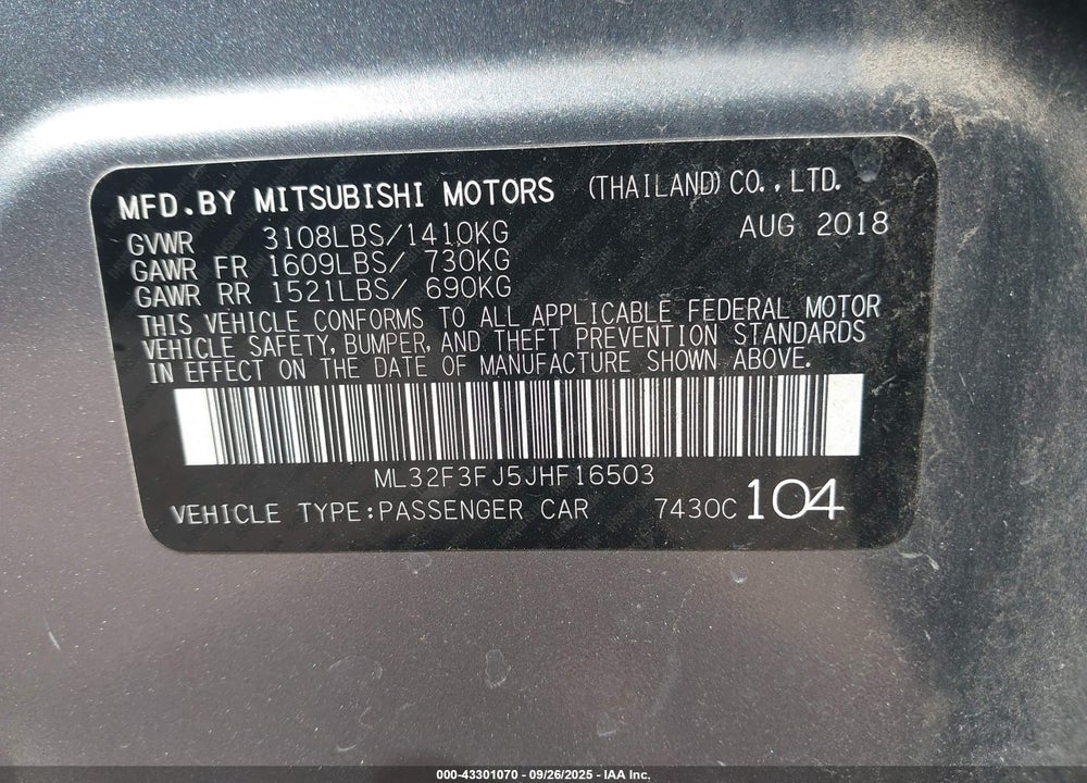 2018 MITSUBISHI MIRAGE VIN: ML32F3FJ5JHF16503