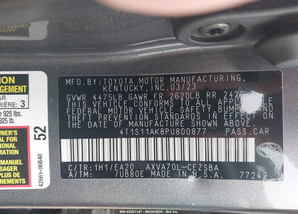 2023 TOYOTA CAMRY VIN: 4T1S11AK8PU800877