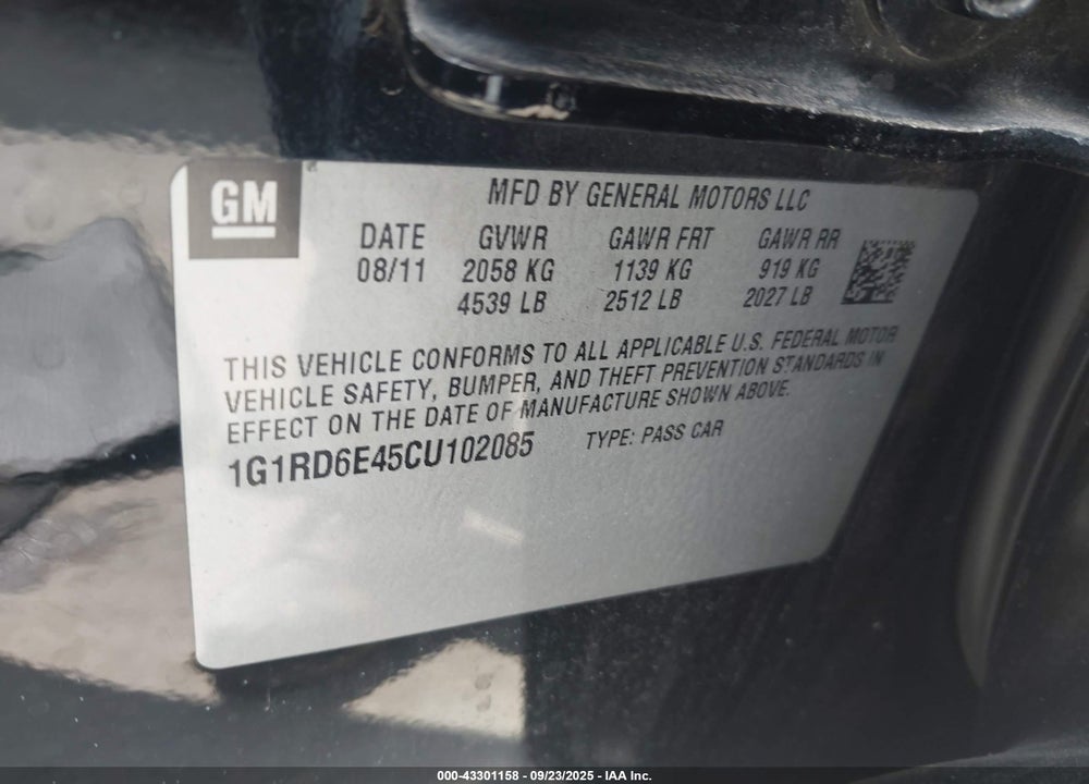 2012 CHEVROLET VOLT VIN: 1G1RD6E45CU102085