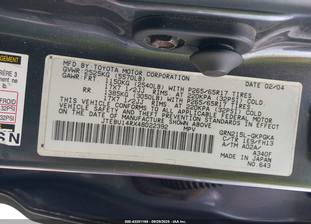 2004 TOYOTA 4RUNNER SR5 SPORT V6 VIN: JTEBU14RX48022392
