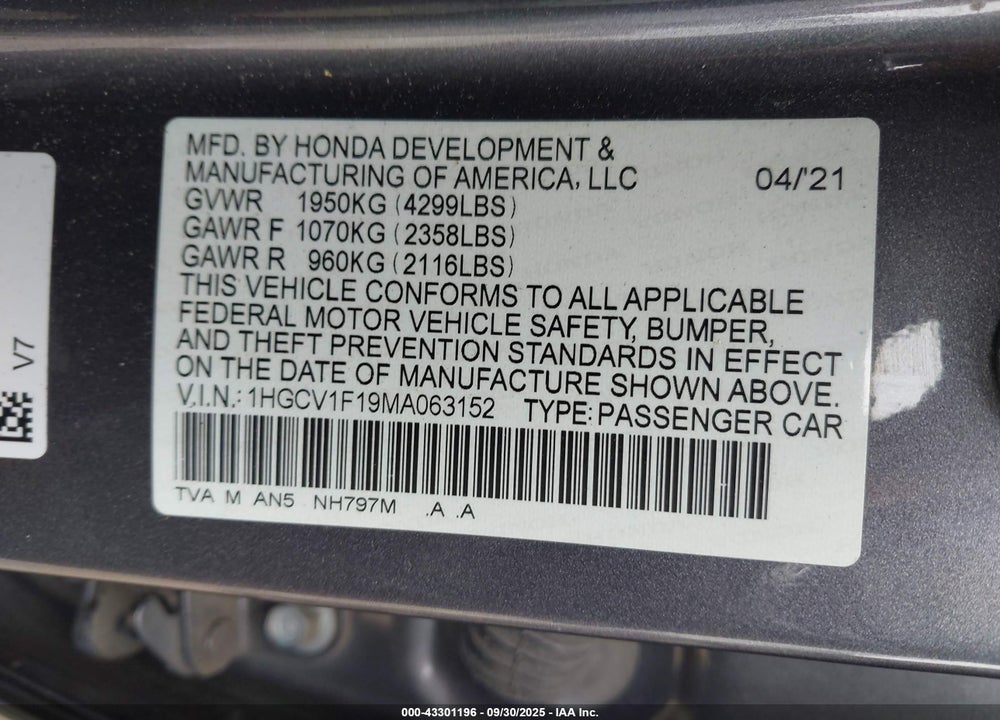 2021 HONDA ACCORD VIN: 1HGCV1F19MA063152