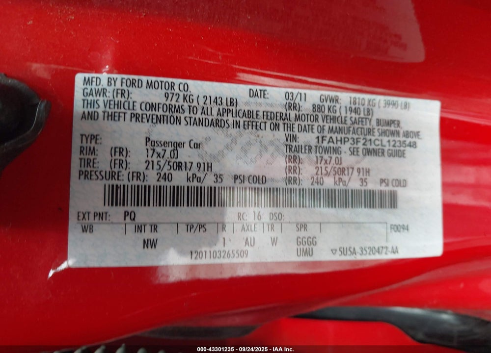 2012 FORD FOCUS VIN: 1FAHP3F21CL123548