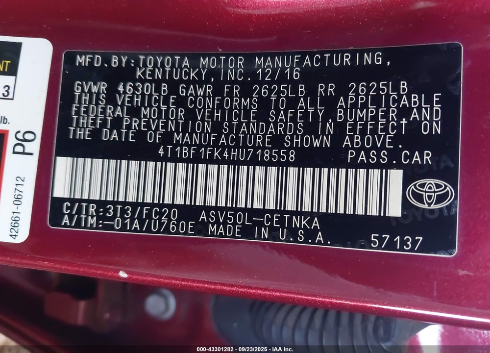 2017 TOYOTA CAMRY VIN: 4T1BF1FK4HU718558