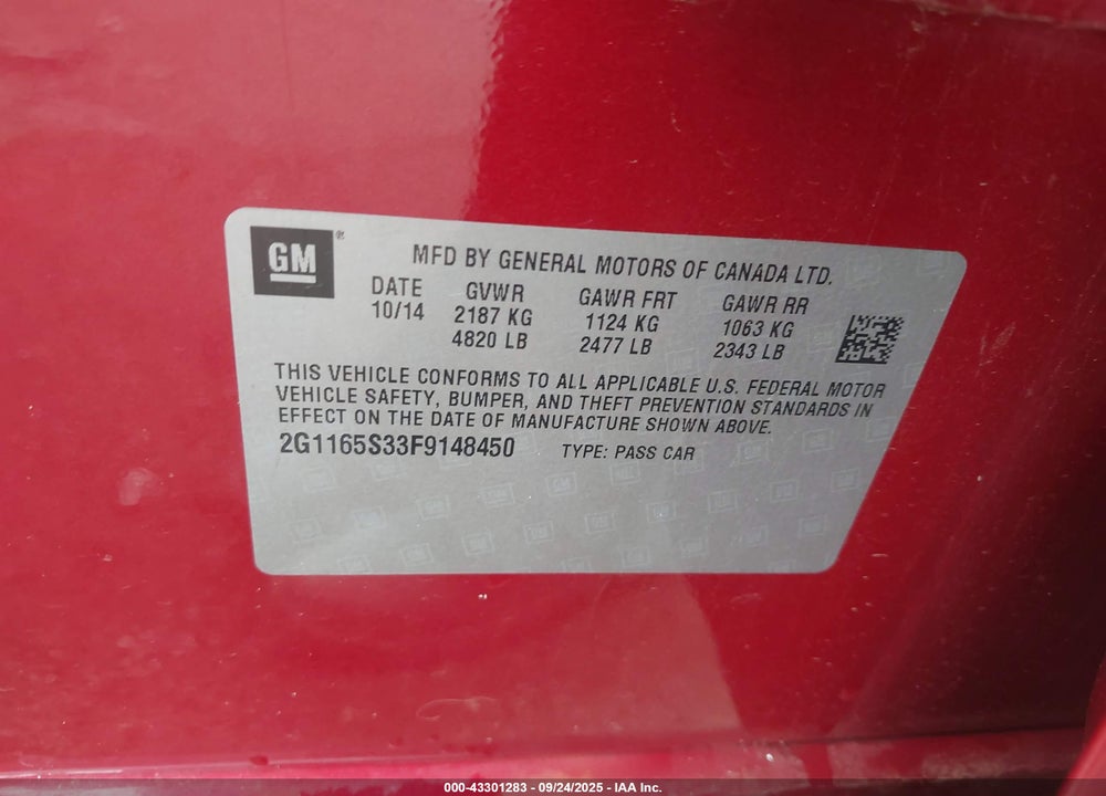 2015 CHEVROLET IMPALA 2LZ VIN: 2G1165S33F9148450