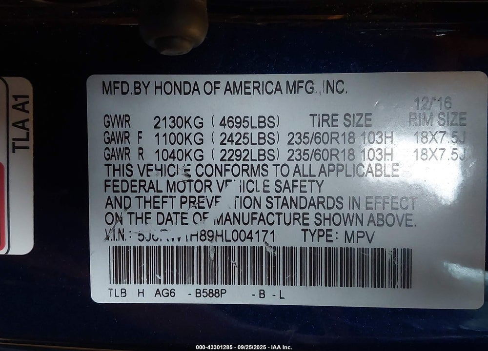 2017 HONDA CR-V EX-L/EX-L NAVI VIN: 5J6RW1H89HL004171