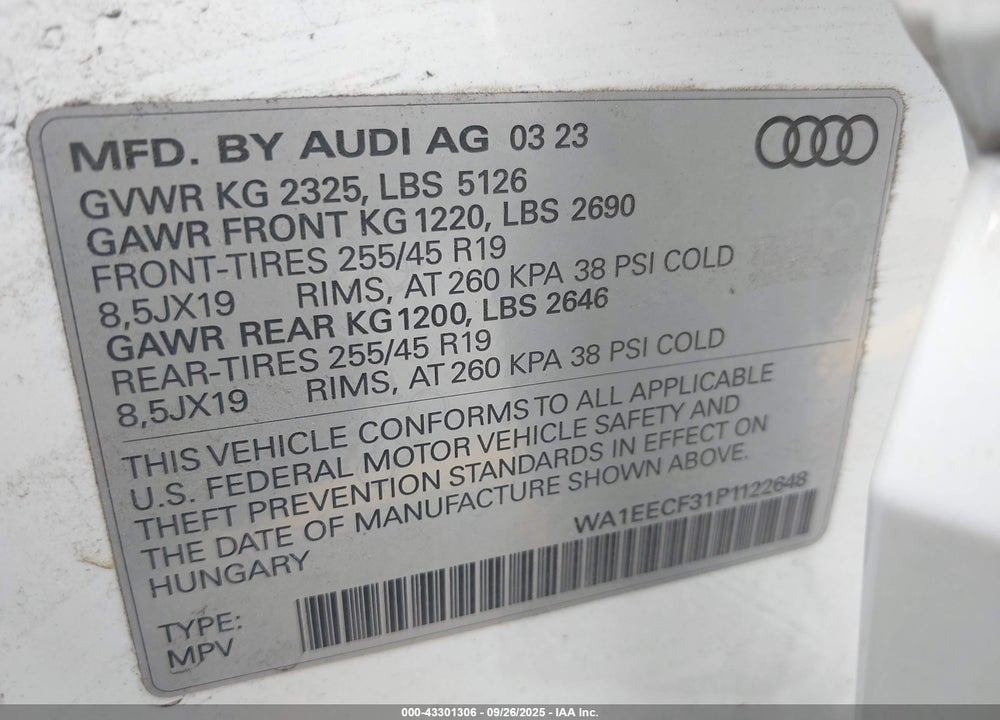 2023 AUDI Q3 PREMIUM PLUS 45 TFSI S LINE QUATTRO TIPTRONIC VIN: WA1EECF31P1122648