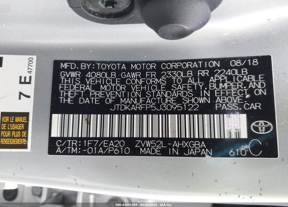 2018 TOYOTA PRIUS PRIME VIN: JTDKARFP5J3095122