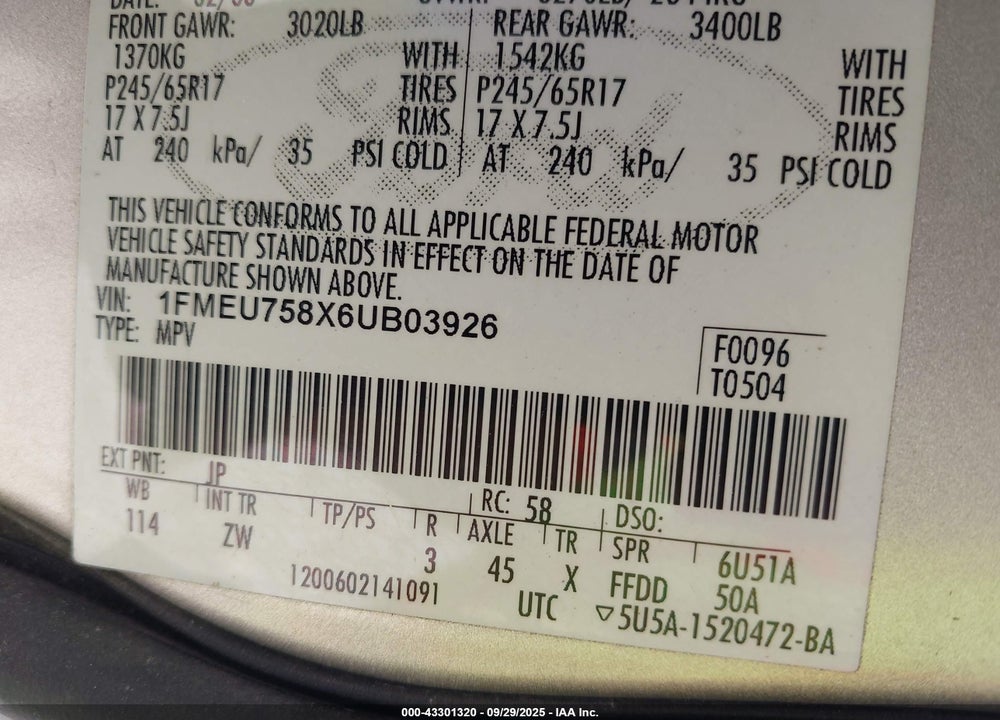 2006 FORD EXPLORER LIMITED VIN: 1FMEU758X6UB03926