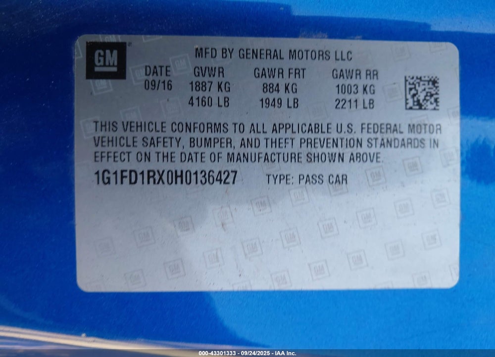 2017 CHEVROLET CAMARO 2LT VIN: 1G1FD1RX0H0136427