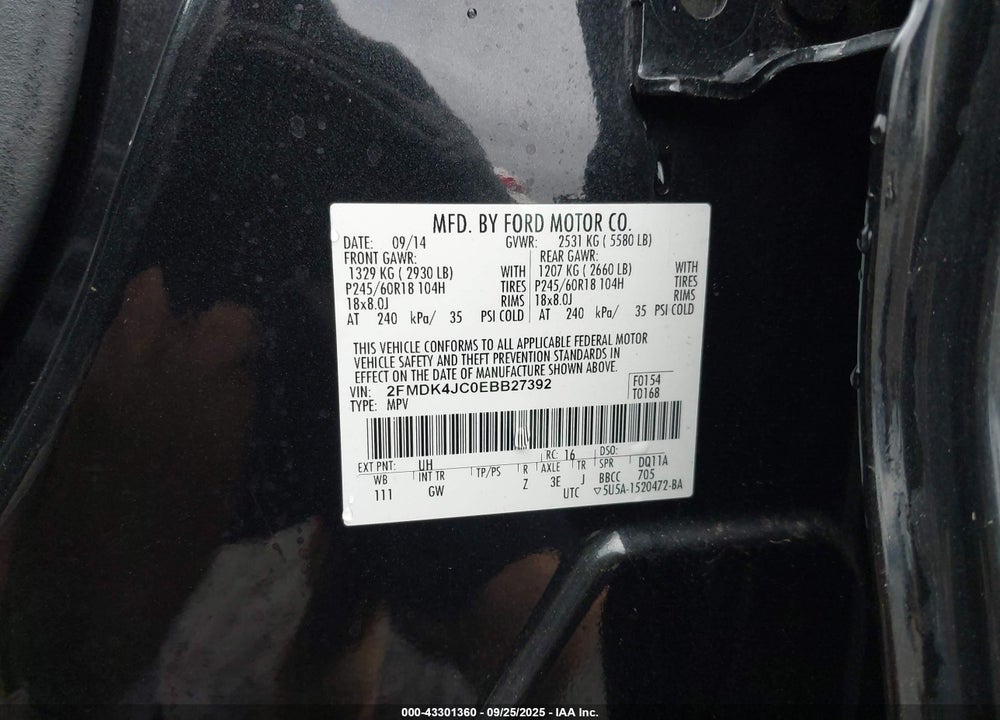 2014 FORD EDGE VIN: 2FMDK4JC0EBB27392