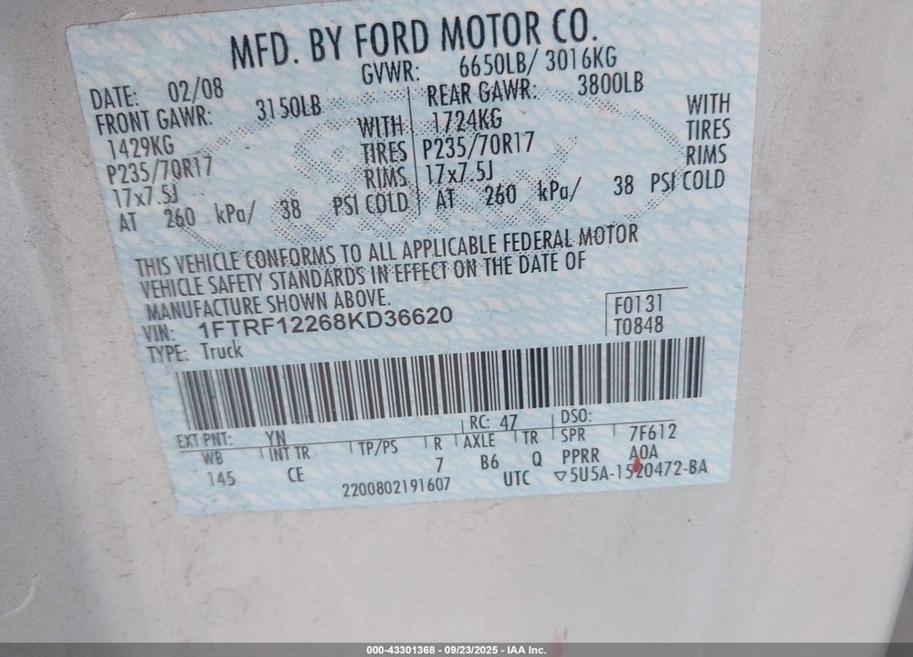 2008 FORD F-150 VIN: 1FTRF12268KD36620