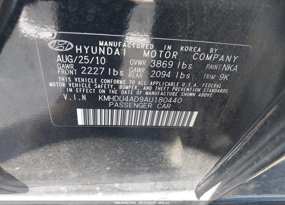 2010 HYUNDAI ELANTRA VIN: KMHDU4AD9AU180440