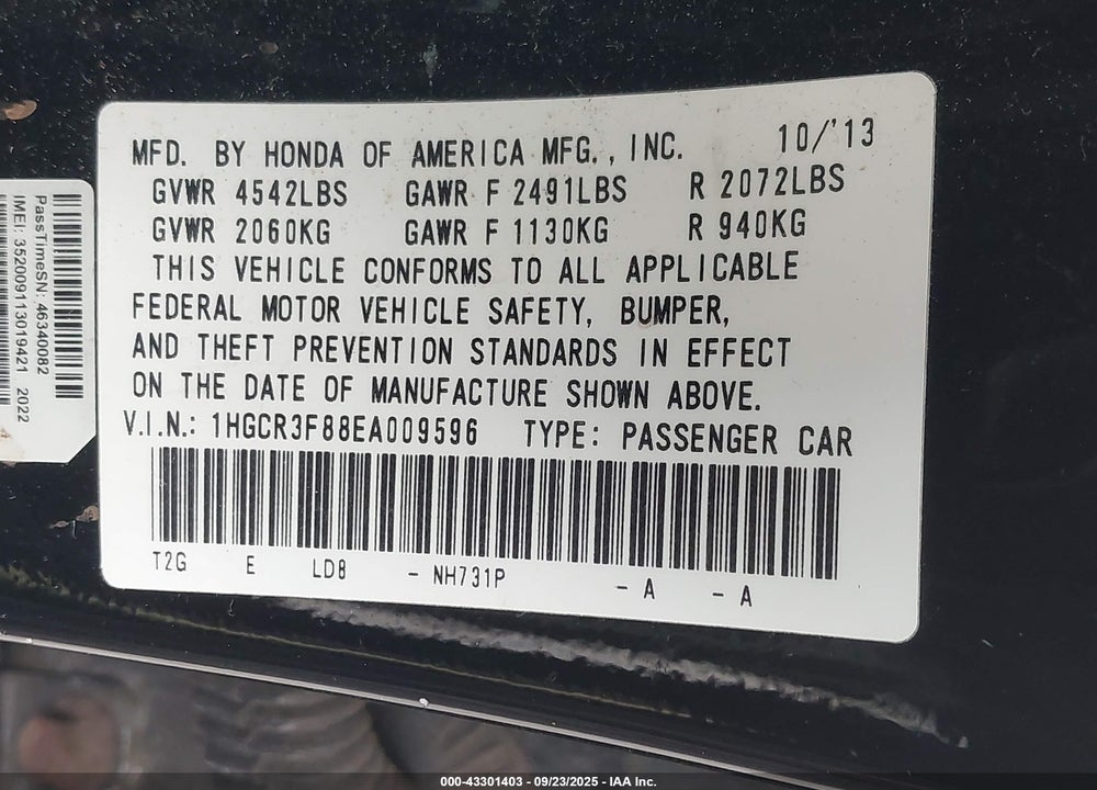 2014 HONDA ACCORD VIN: 1HGCR3F88EA009596