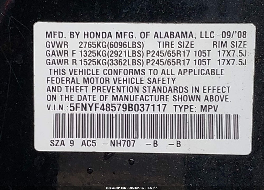 2009 HONDA PILOT EX-L VIN: 5FNYF48579B037117