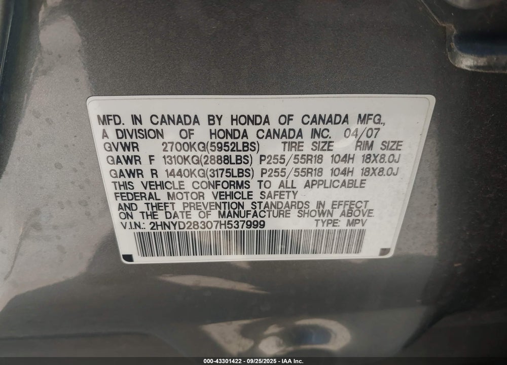2007 ACURA MDX TECHNOLOGY PACKAGE VIN: 2HNYD28307H537999