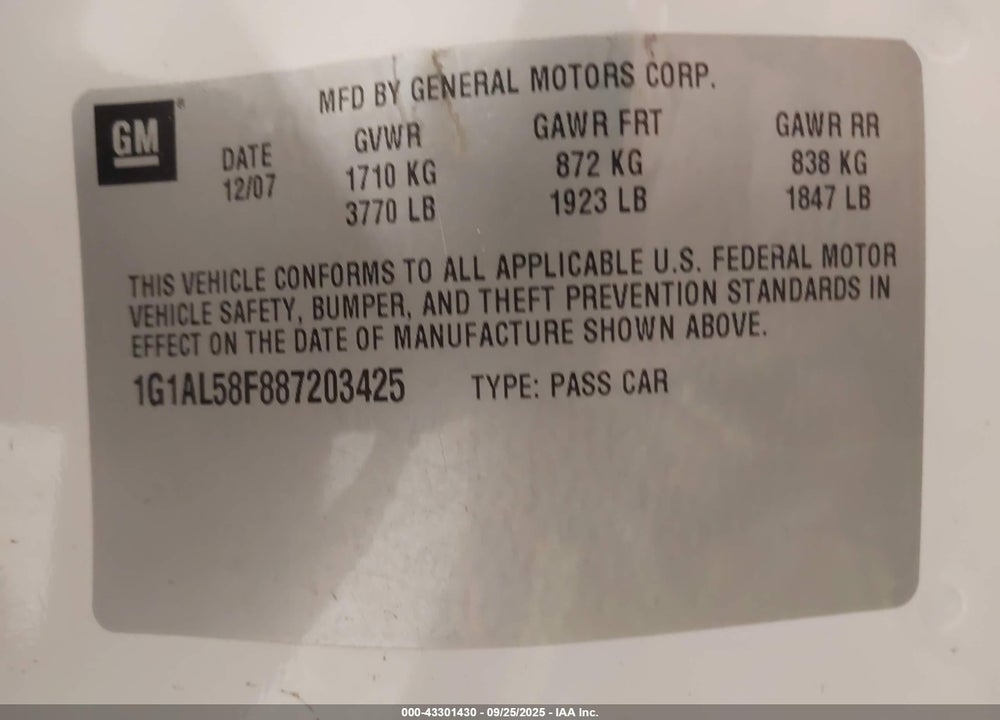 2008 CHEVROLET COBALT LT VIN: 1G1AL58F887203425