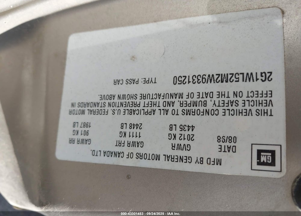 1998 CHEVROLET LUMINA VIN: 2G1WL52M2W9331250