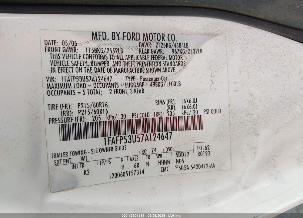 2007 FORD TAURUS SE VIN: 1FAFP53U57A124647