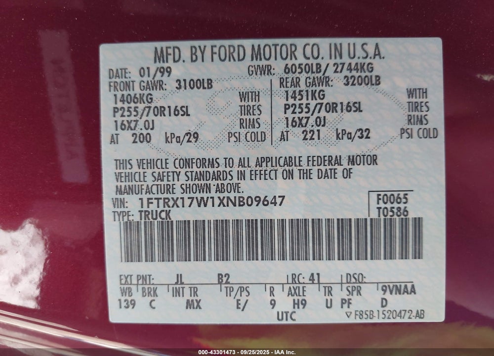 1999 FORD F-150 VIN: 1FTRX17W1XNB09647