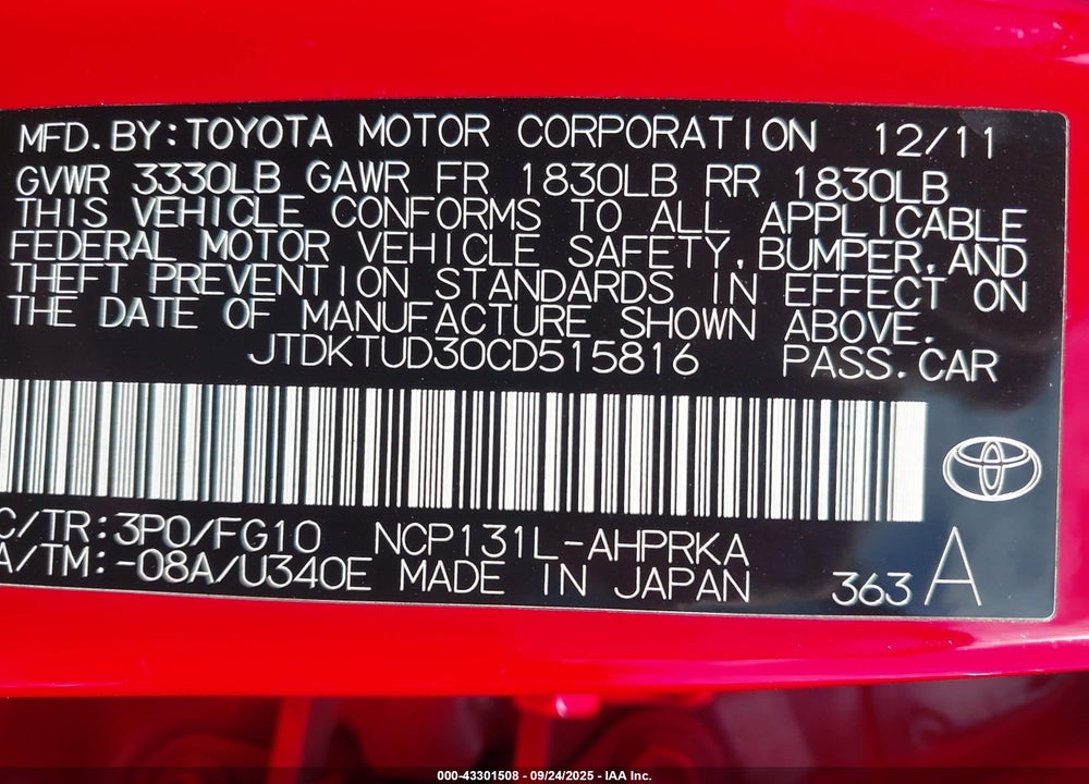 2012 TOYOTA YARIS VIN: JTDKTUD30CD515816