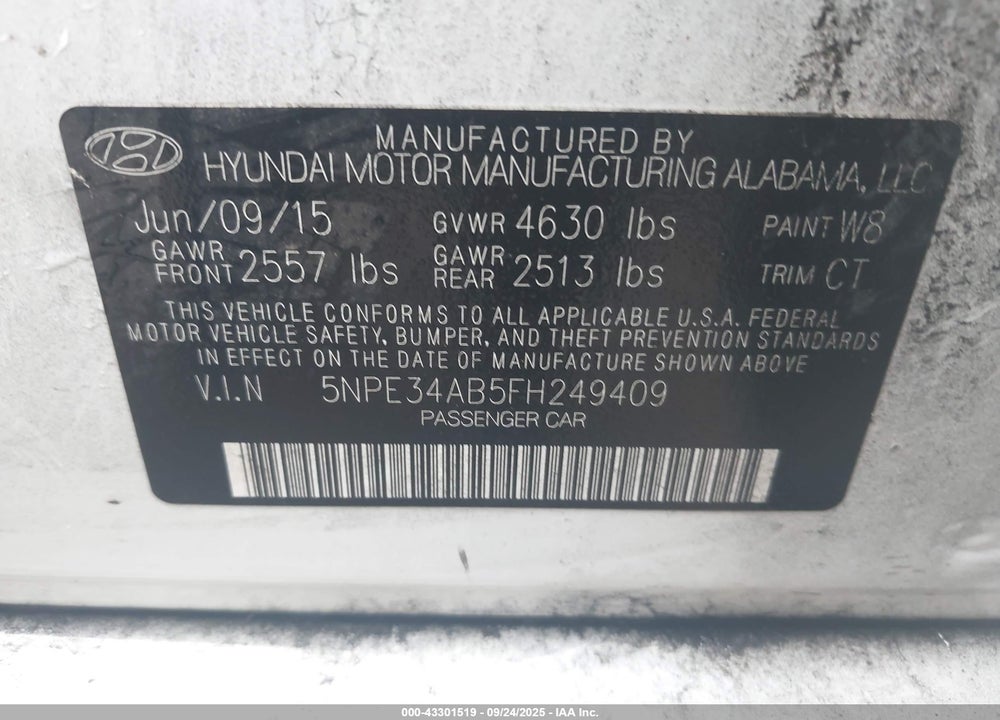 2015 HYUNDAI SONATA VIN: 5NPE34AB5FH249409