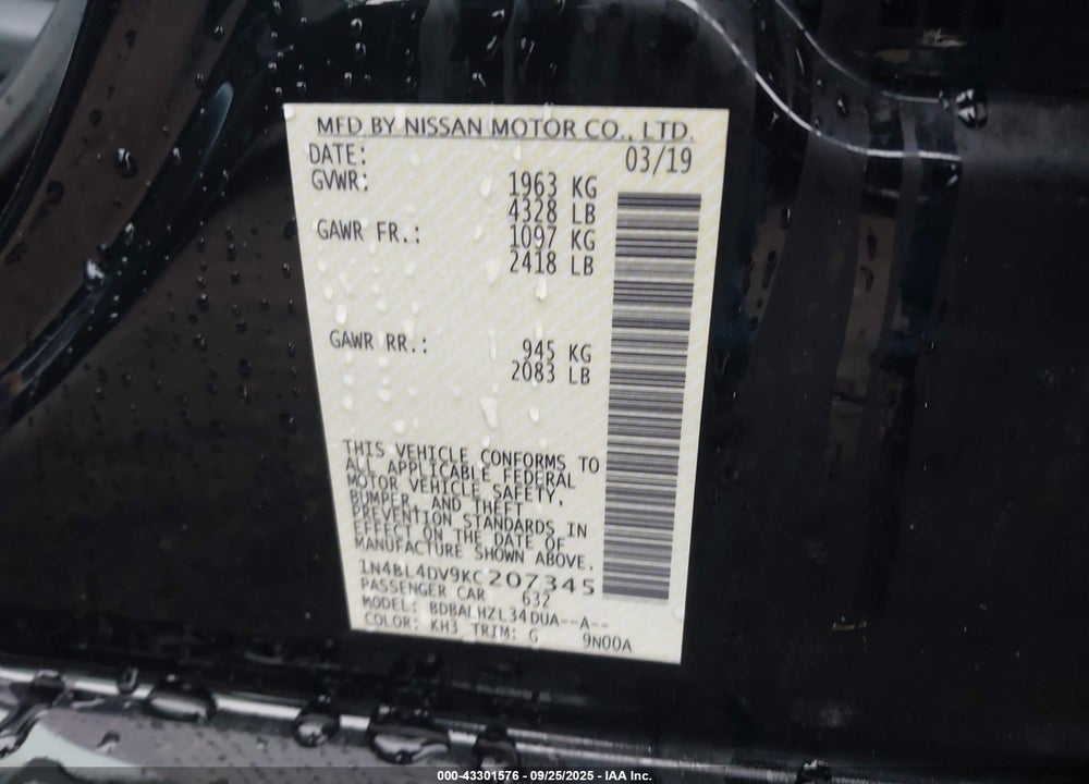 2019 NISSAN ALTIMA 2.5 SV VIN: 1N4BL4DV9KC207345