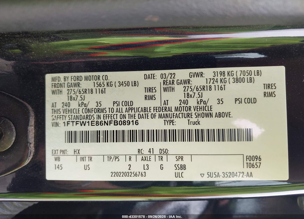 2022 FORD F-150 VIN: 1FTFW1E86NFB08916
