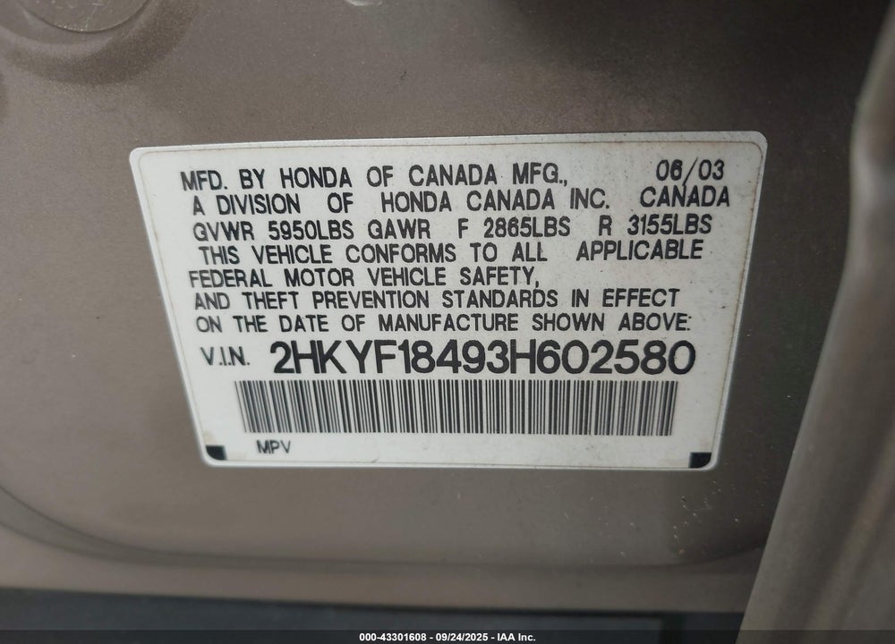 2003 HONDA PILOT EX VIN: 2HKYF18493H602580