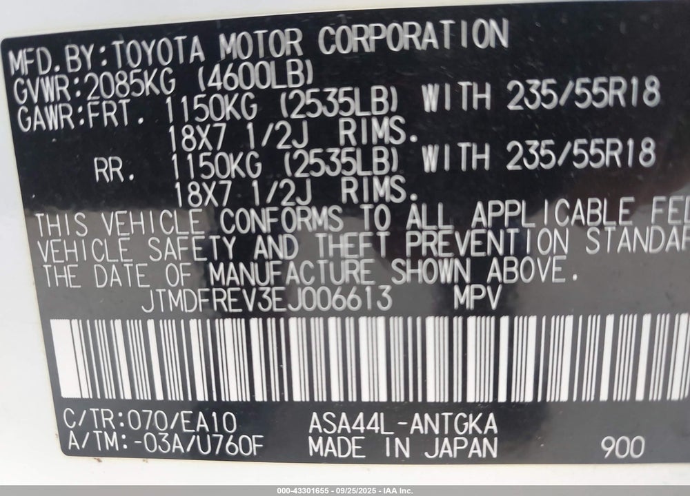 2014 TOYOTA RAV4 VIN: JTMDFREV3EJ006613