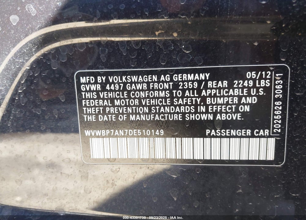 2013 VOLKSWAGEN CC VIN: WVWBP7AN7DE510149