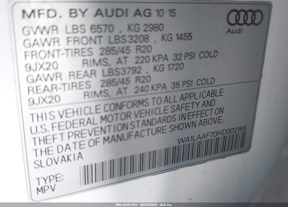 2017 AUDI Q7 VIN: WA1LAAF70HD002155
