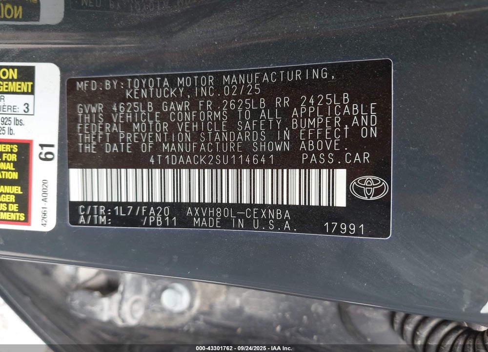 2025 TOYOTA CAMRY VIN: 4T1DAACK2SU114641