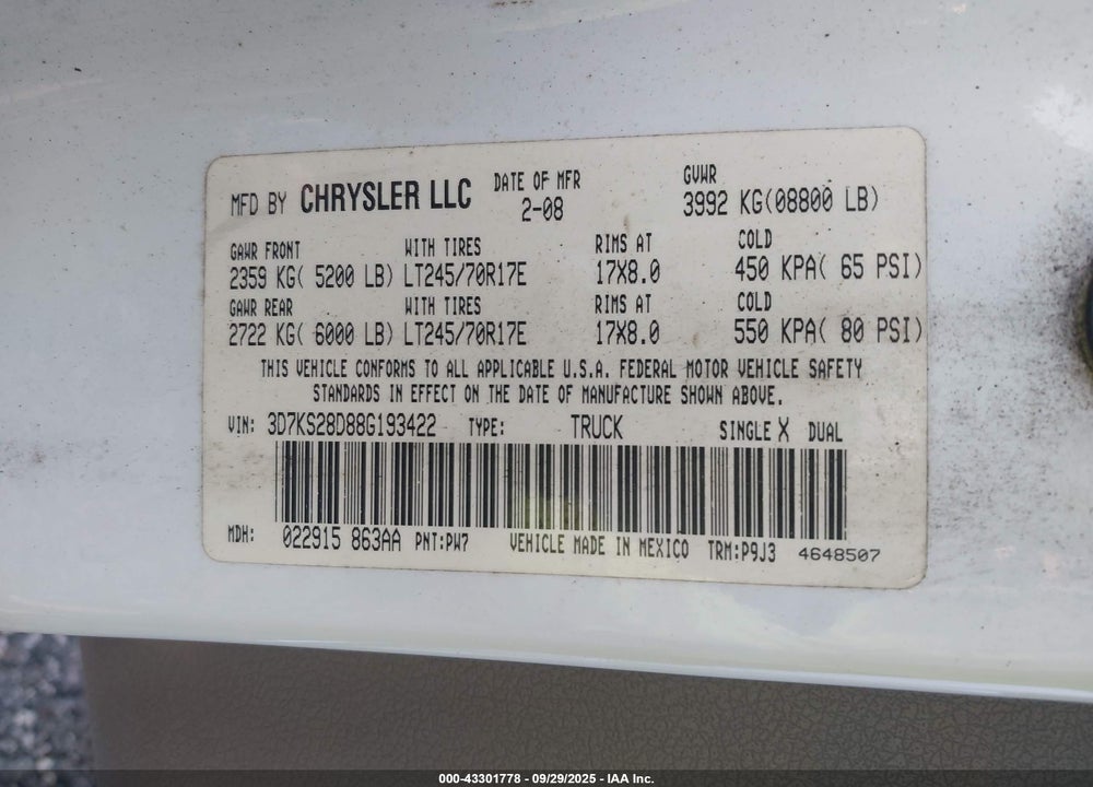 2008 DODGE RAM 2500 VIN: 3D7KS28D88G193422