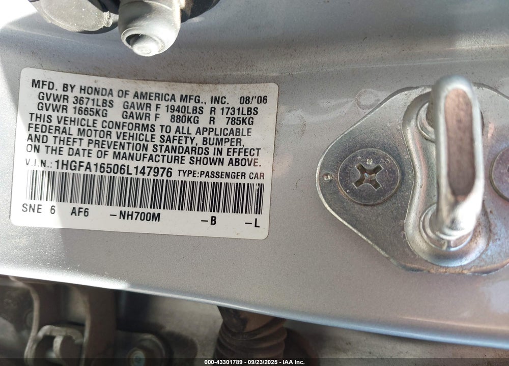 2006 HONDA CIVIC LX VIN: 1HGFA16506L147976