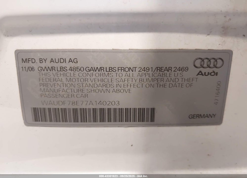 2007 AUDI A4 2.0T VIN: WAUDF78E77A140203
