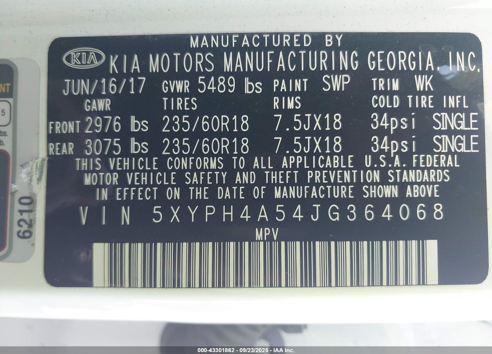 2018 KIA SORENTO VIN: 5XYPH4A54JG364068