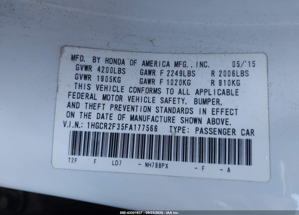 2015 HONDA ACCORD VIN: 1HGCR2F35FA177566