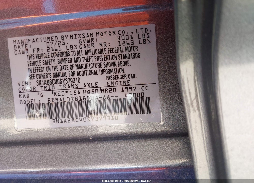2025 NISSAN SENTRA VIN: 3N1AB8CV0SY379310