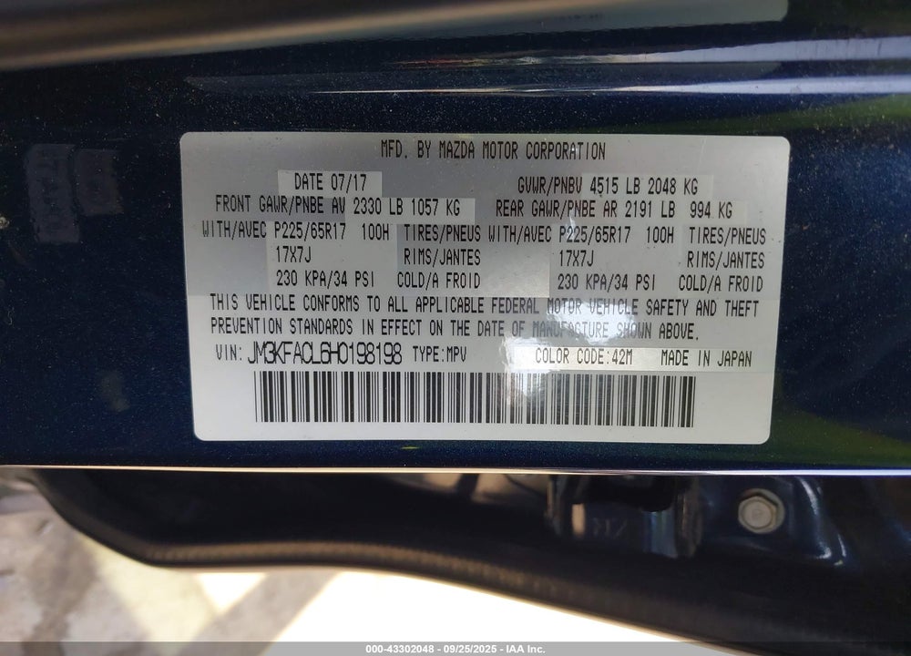 2017 MAZDA CX-5 TOURING VIN: JM3KFACL6H0198198