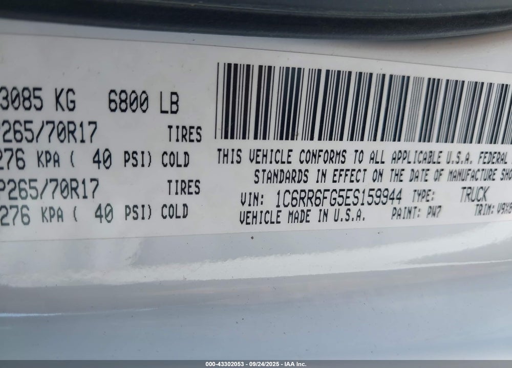 2014 RAM 1500 VIN: 1C6RR6FG5ES159944