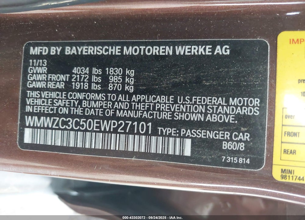2014 MINI COUNTRYMAN VIN: WMWZC3C50EWP27101