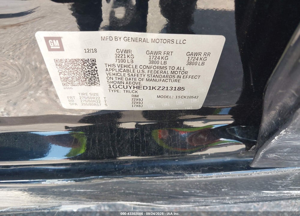 2019 CHEVROLET SILVERADO 1500 VIN: 1GCUYHED1KZ213185