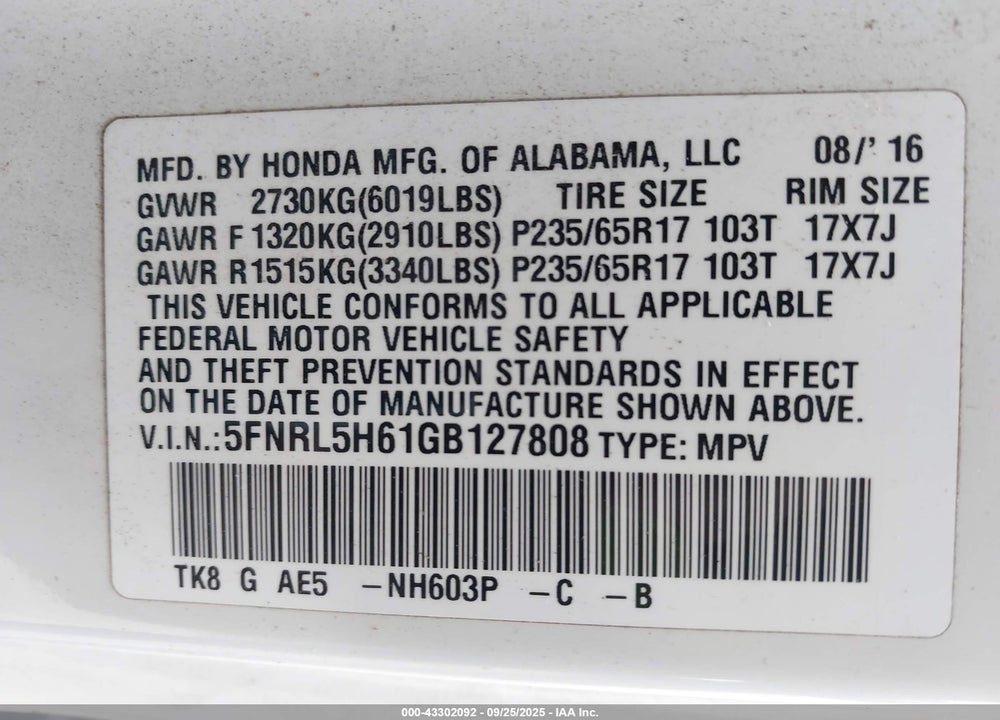 2016 HONDA ODYSSEY EX-L VIN: 5FNRL5H61GB127808