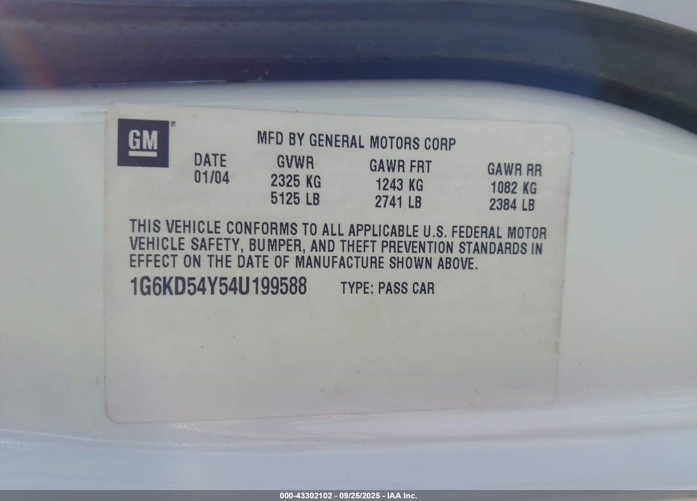 2004 CADILLAC DEVILLE STANDARD VIN: 1G6KD54Y54U199588