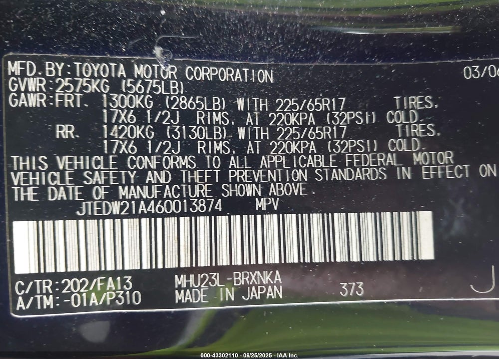 2006 TOYOTA HIGHLANDER HYBRID V6 VIN: JTEDW21A460013874